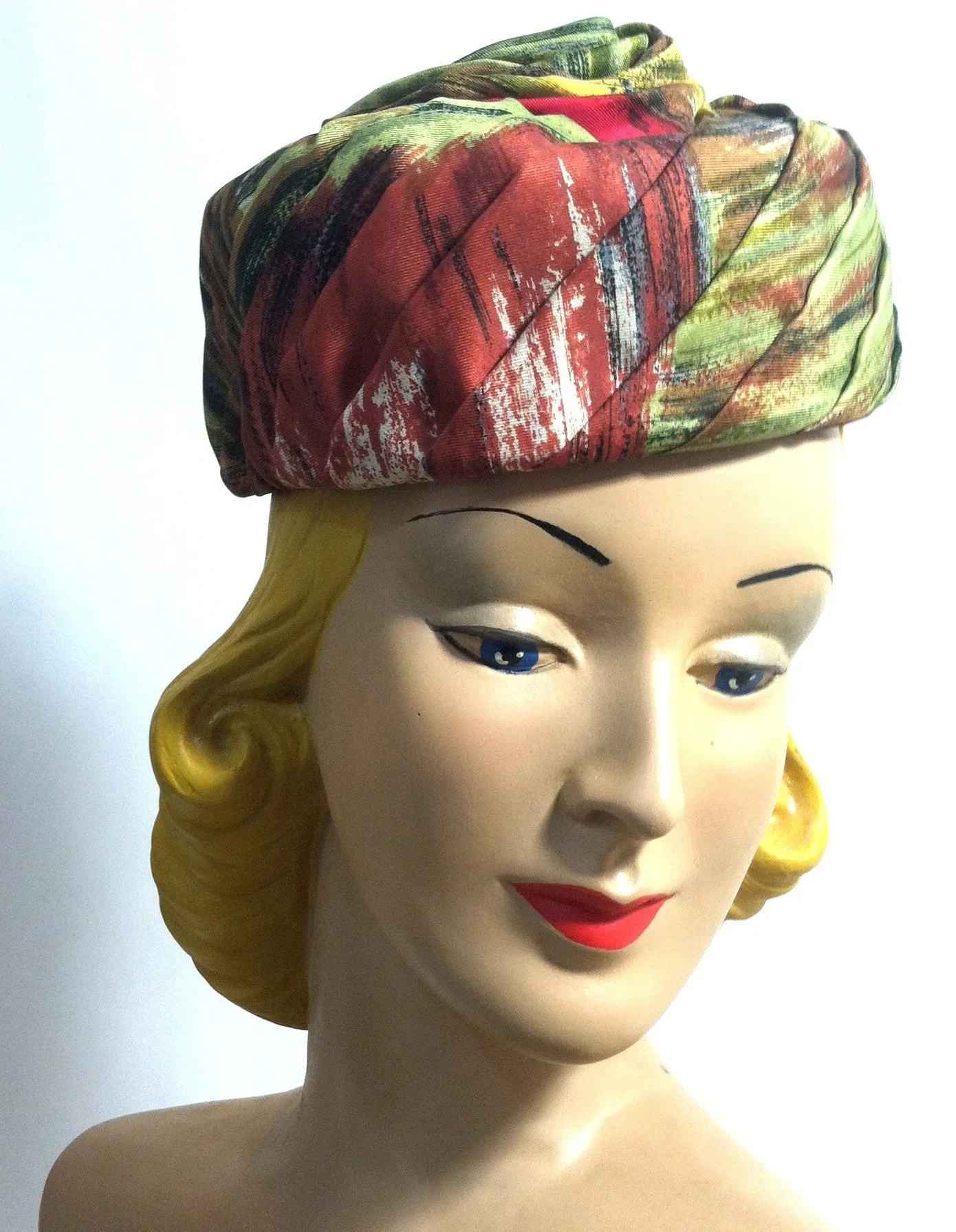 Autumnal Silk Scarf Wrapped Pillbox Hat w/ Stem circa 1960s Hattie Carnegie