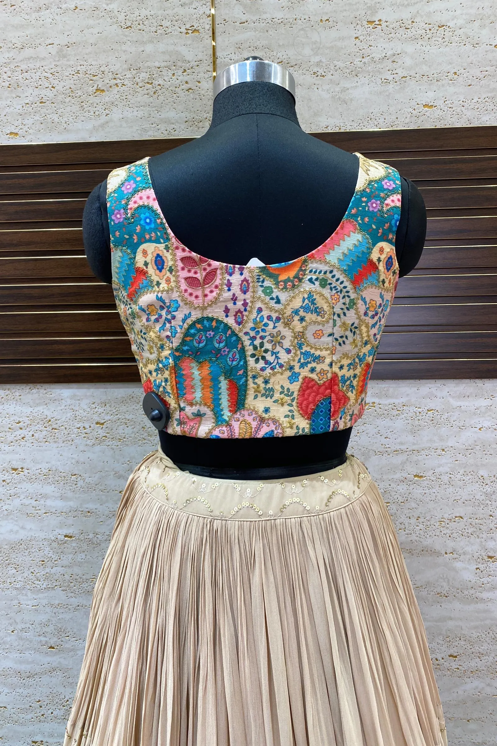 Beige Multicolor Print, Zari, Mirror, Sequins and Zardozi work Crop Top Lehenga