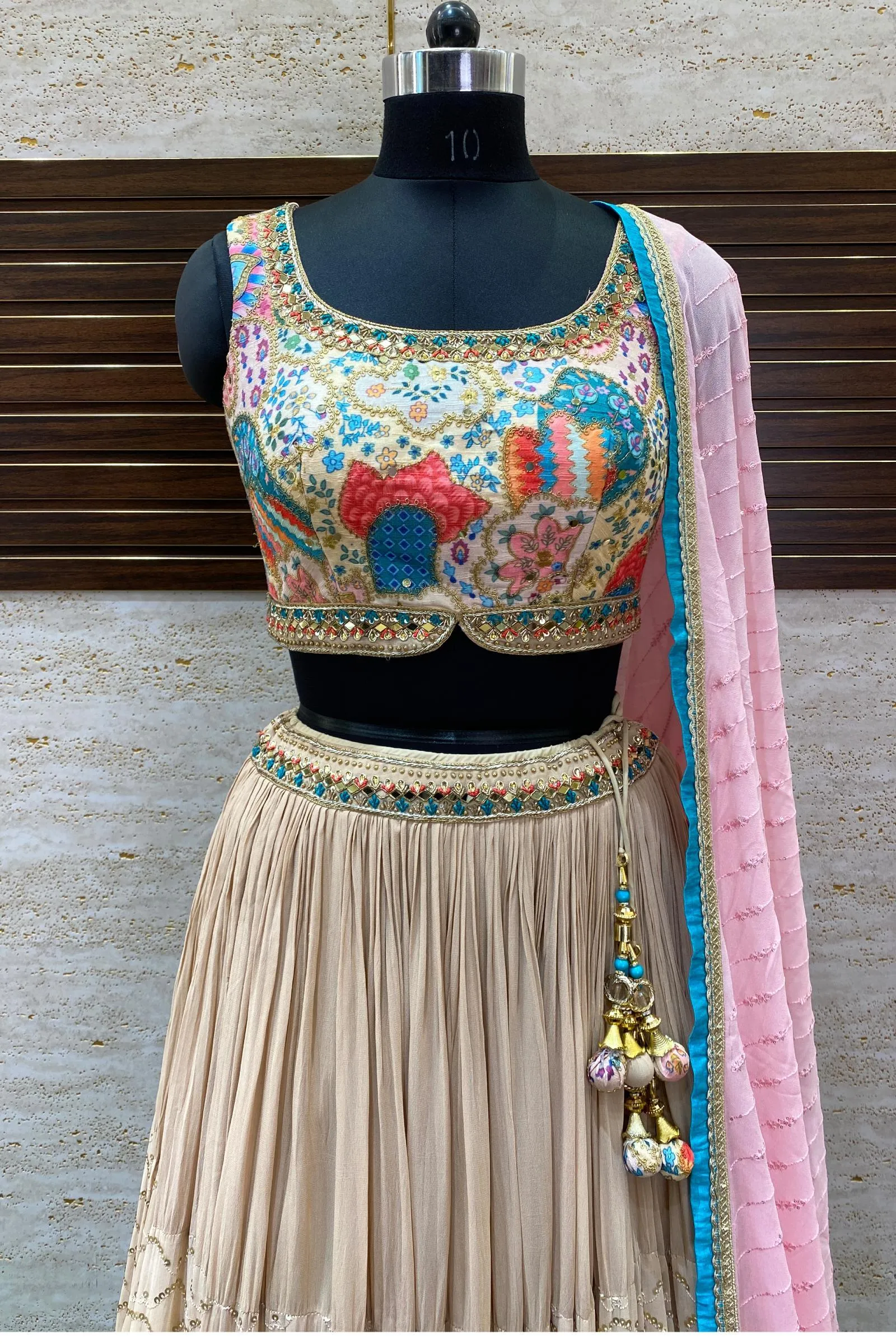 Beige Multicolor Print, Zari, Mirror, Sequins and Zardozi work Crop Top Lehenga