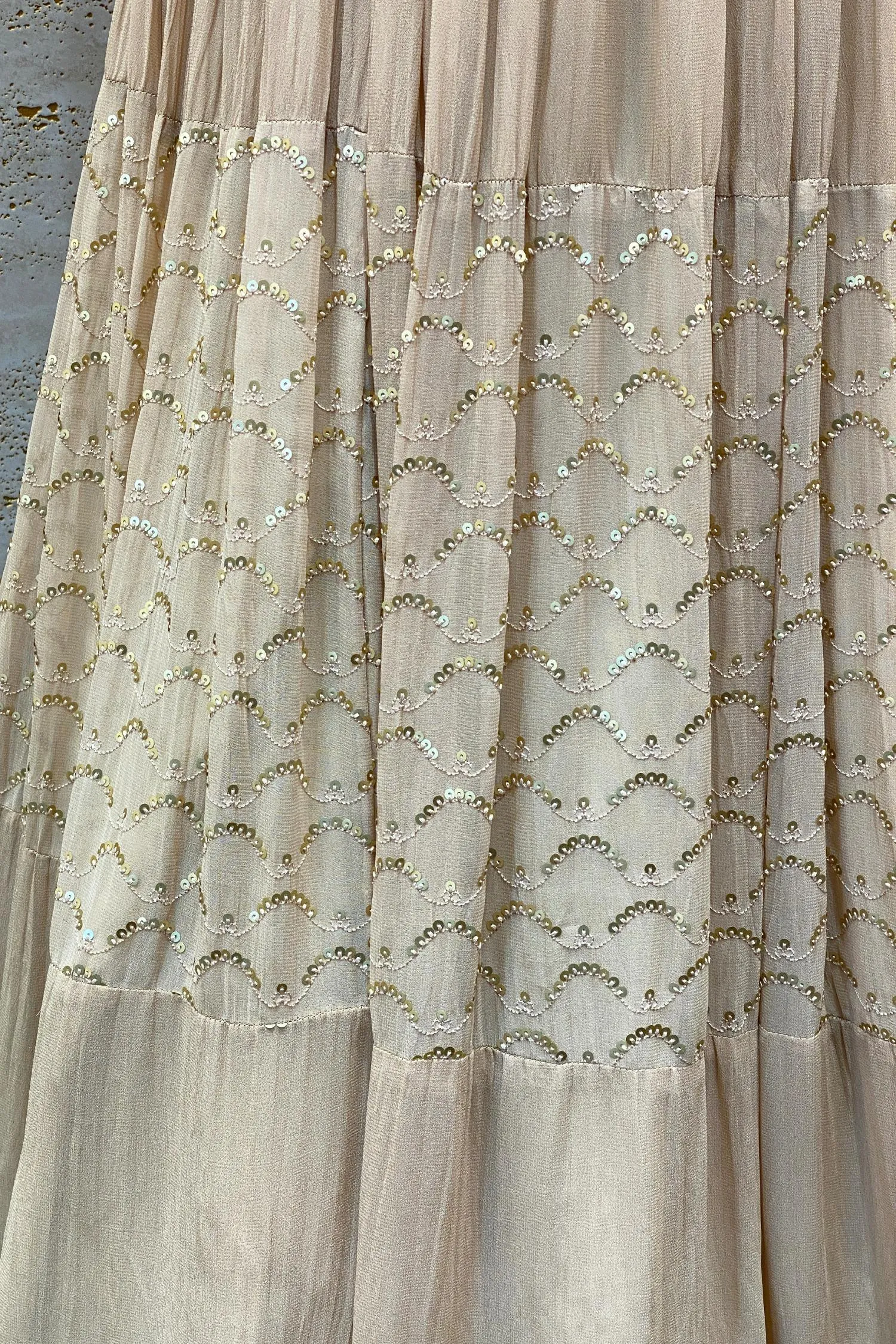 Beige Multicolor Print, Zari, Mirror, Sequins and Zardozi work Crop Top Lehenga