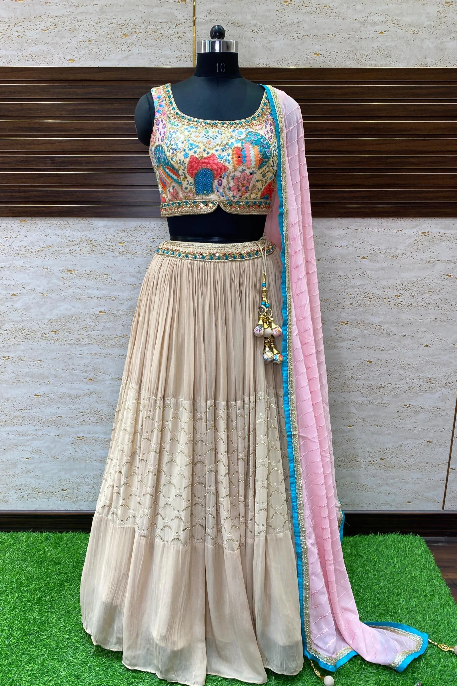 Beige Multicolor Print, Zari, Mirror, Sequins and Zardozi work Crop Top Lehenga