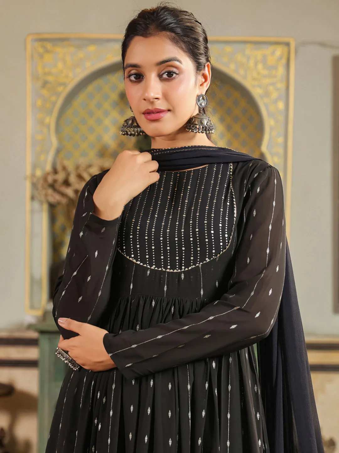 Black Georgette Foil Printed Anarkali Kurta Set