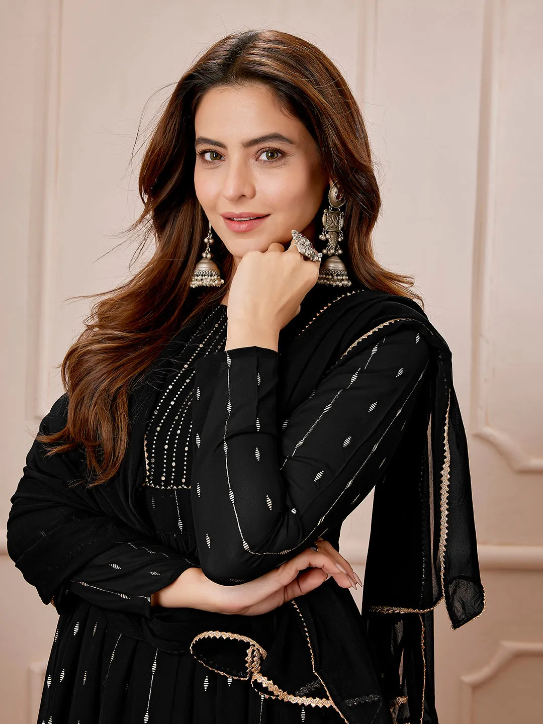 Black Georgette Foil Printed Anarkali Kurta Set