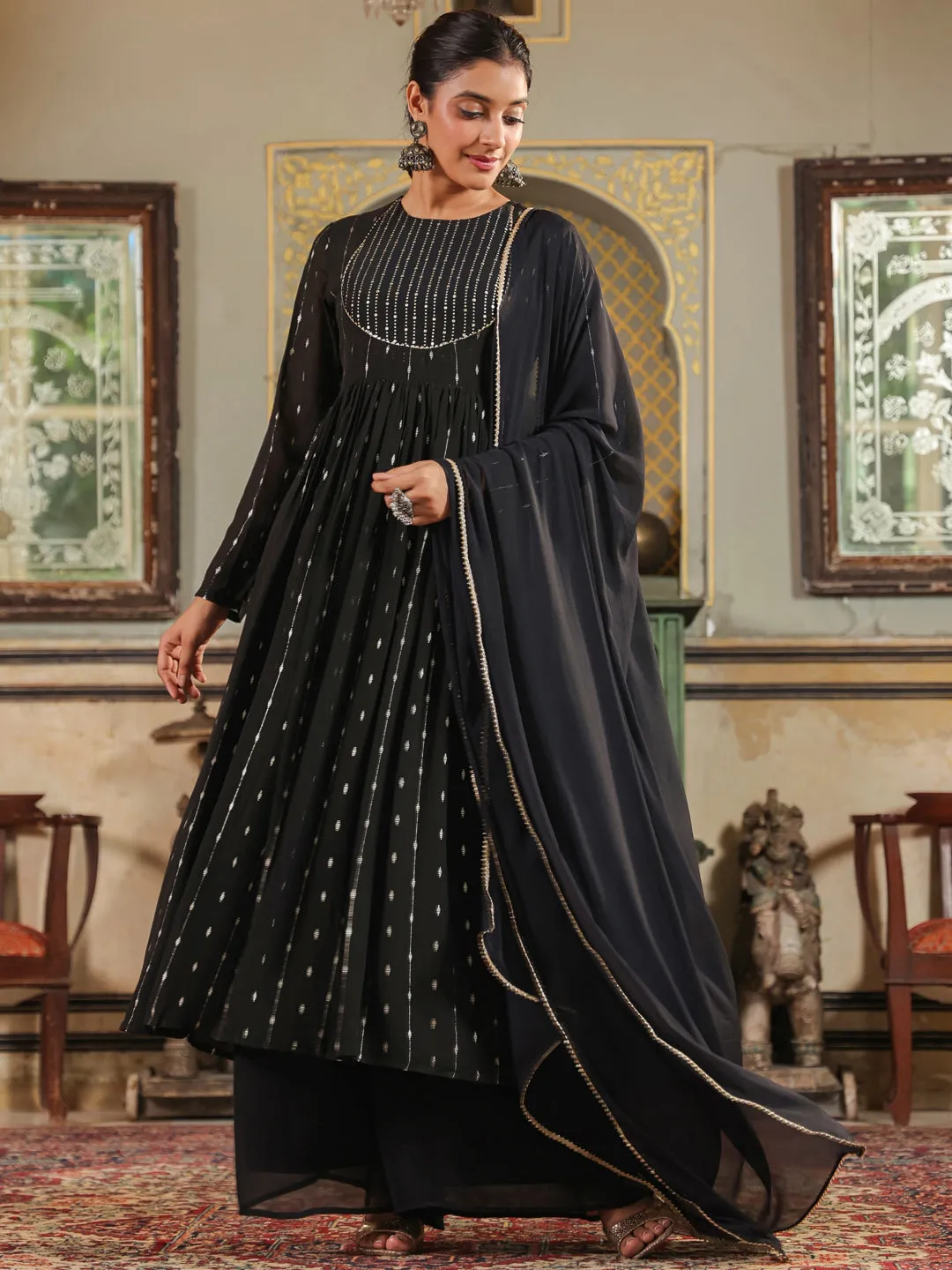 Black Georgette Foil Printed Anarkali Kurta Set