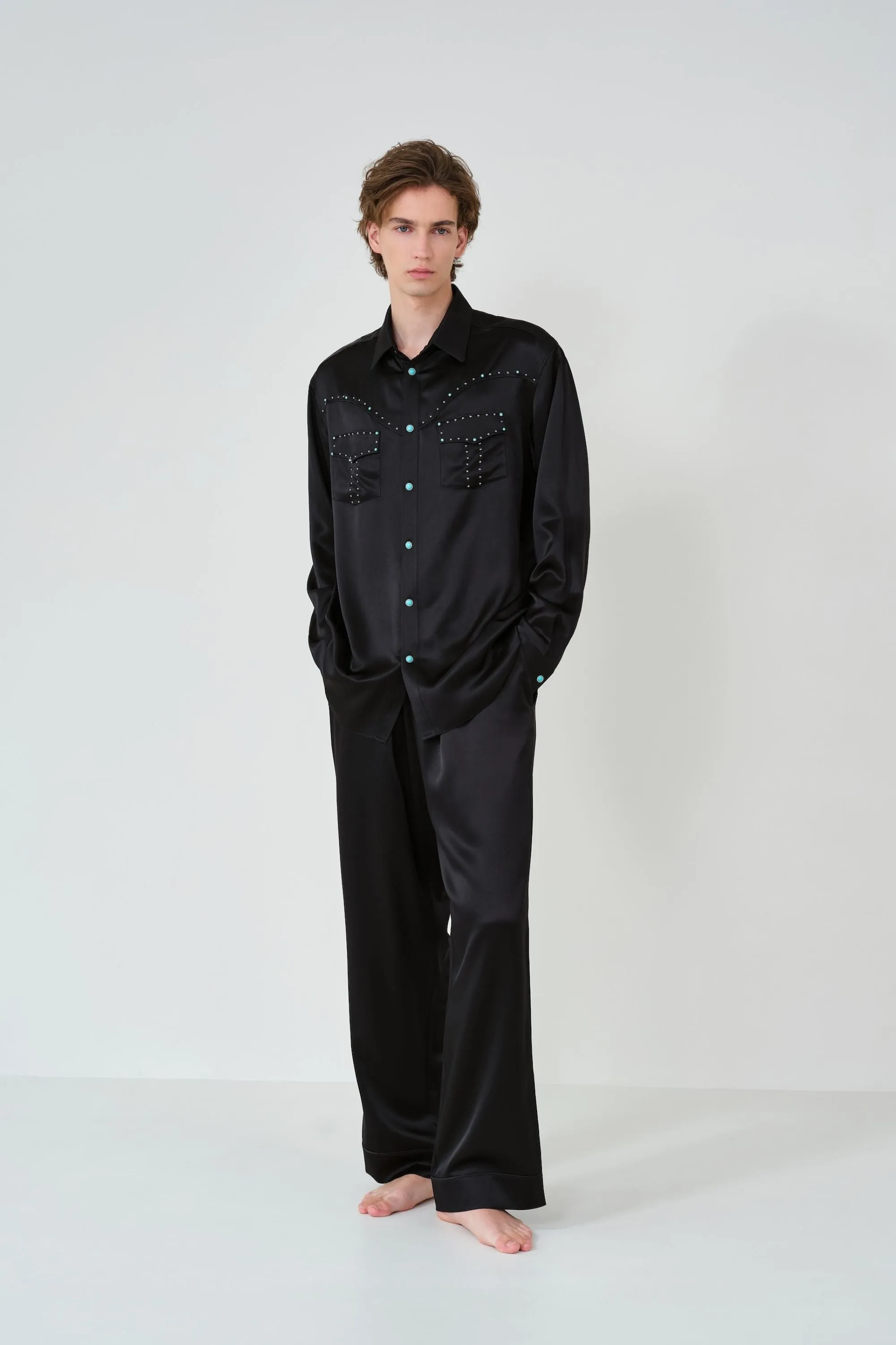 Black Rhinestone Men's Pyjama Shirt