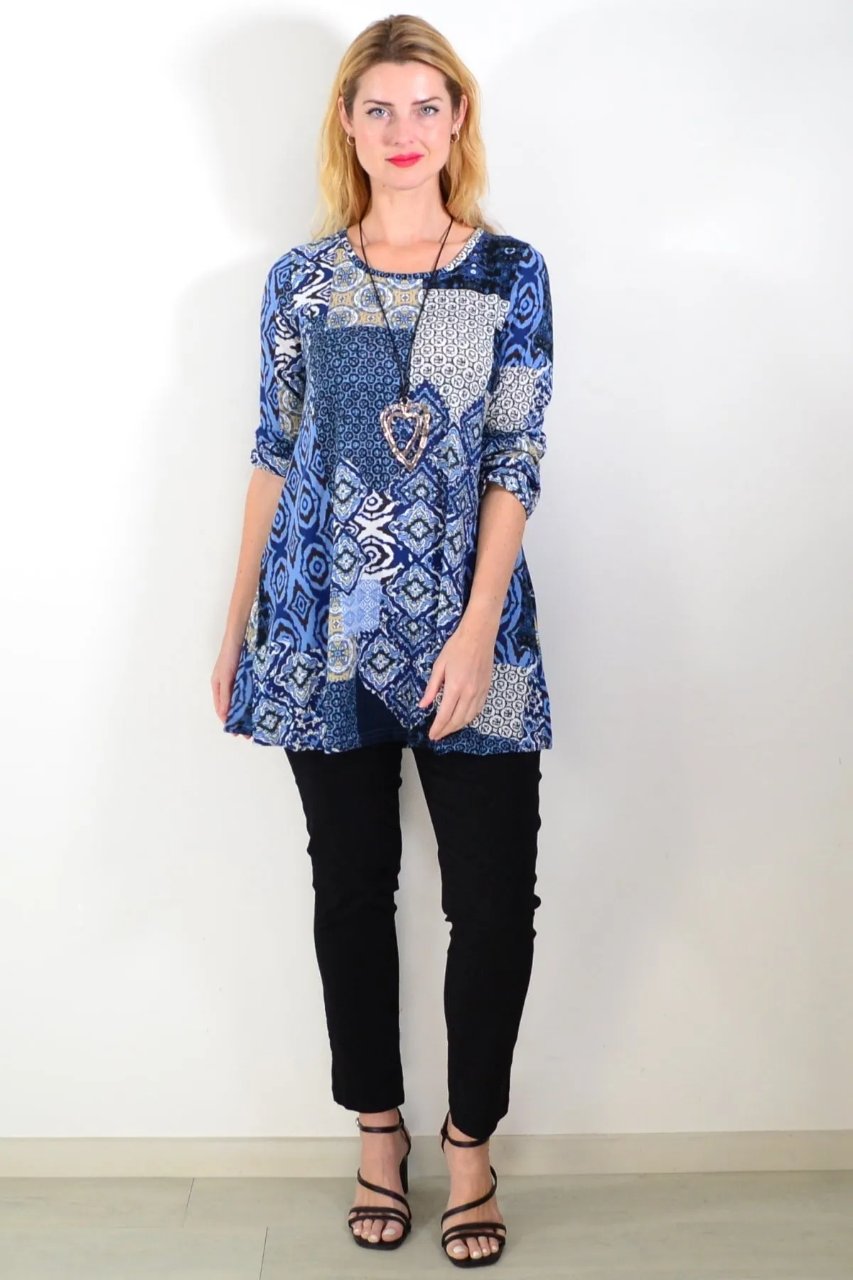 Blue Abstract Print Fleece Tunic Top