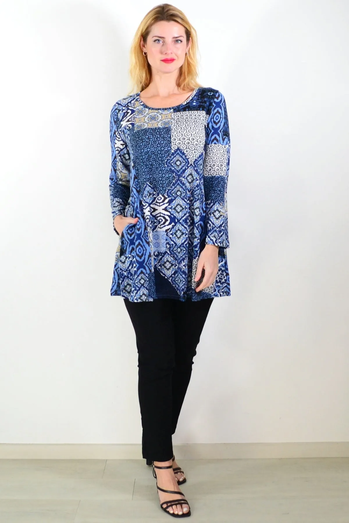 Blue Abstract Print Fleece Tunic Top