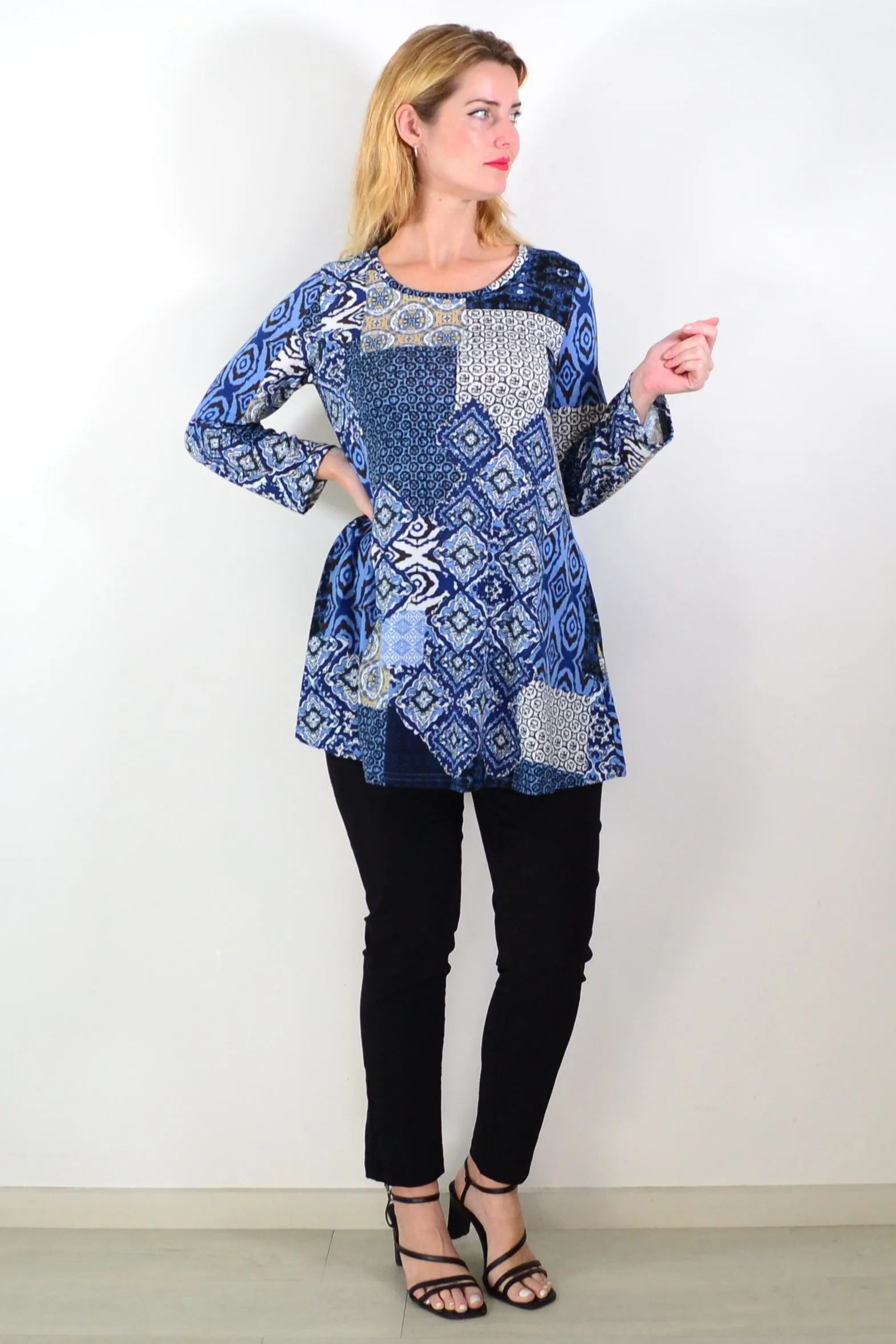 Blue Abstract Print Fleece Tunic Top