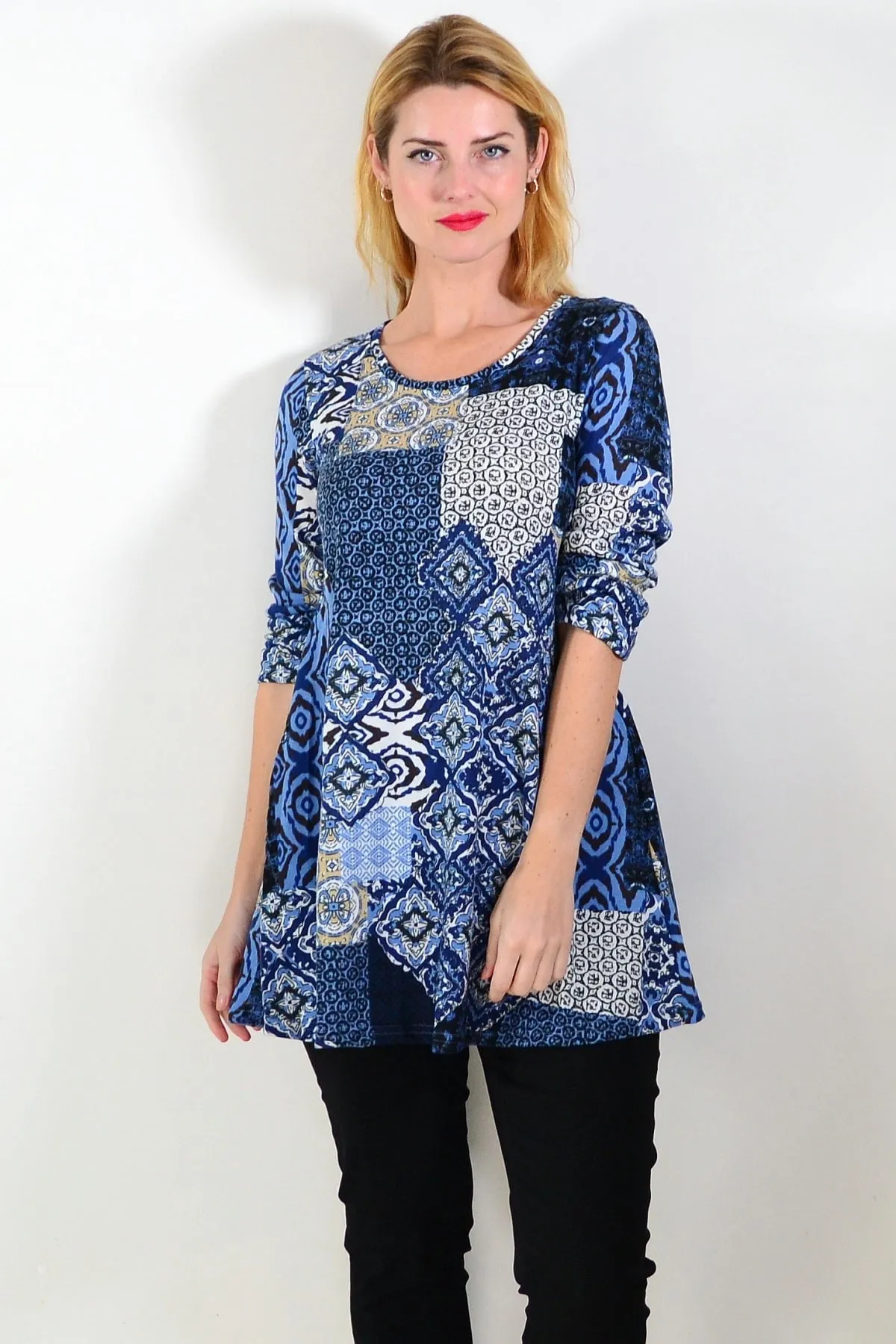 Blue Abstract Print Fleece Tunic Top