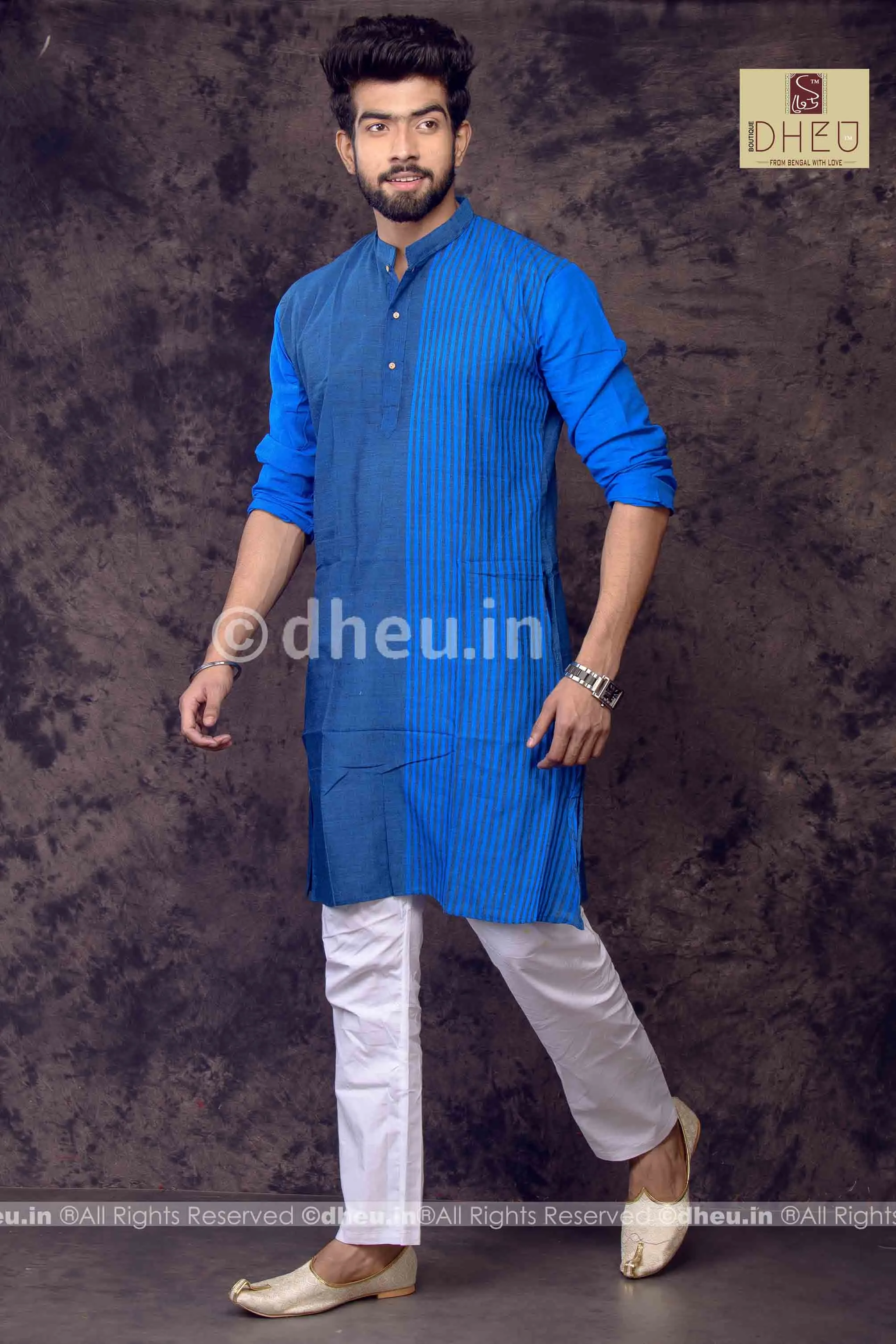 Blue Lily- Handloom Pure Cotton Saree-Kurta  Couple Set