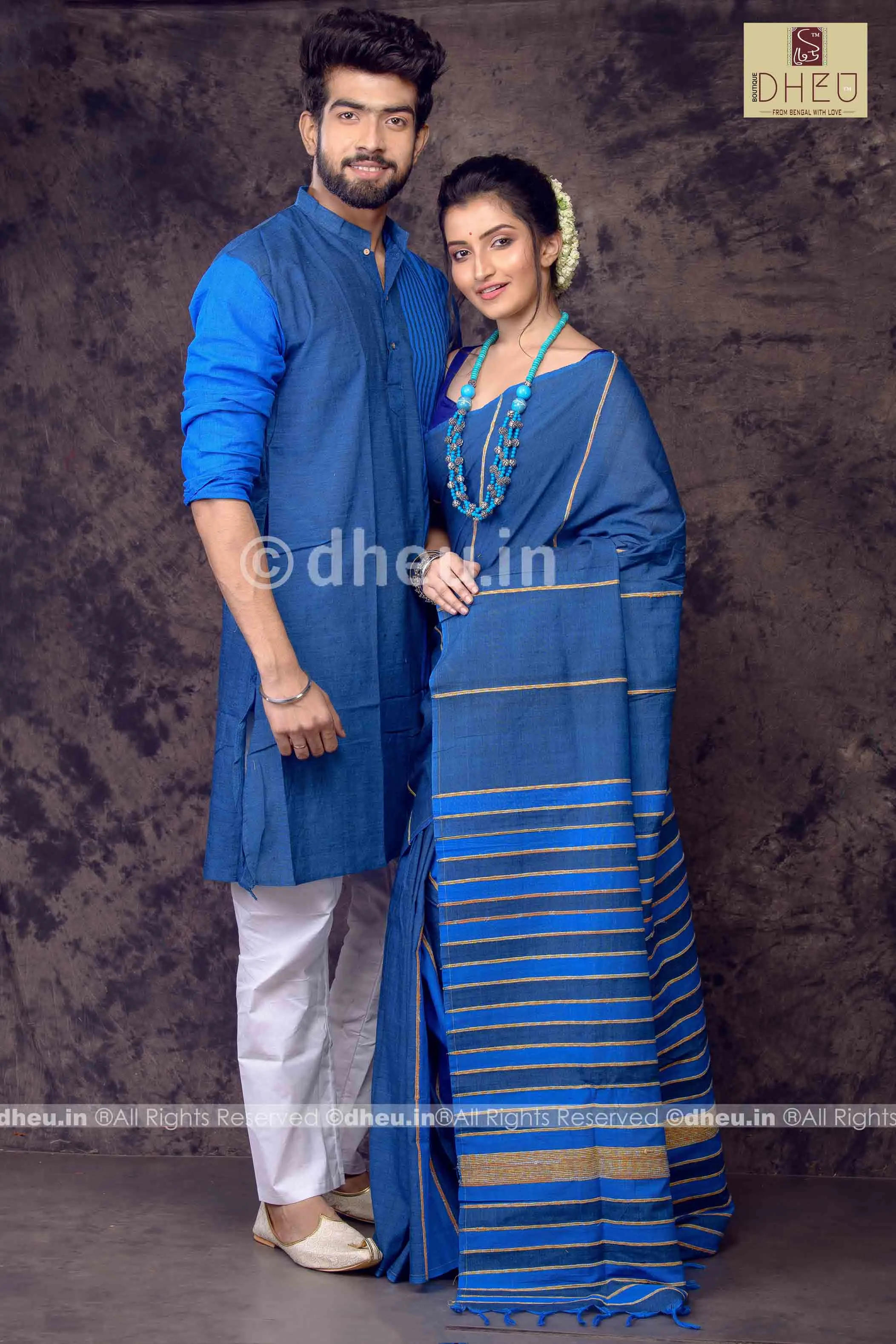 Blue Lily- Handloom Pure Cotton Saree-Kurta  Couple Set