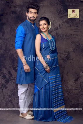 Blue Lily- Handloom Pure Cotton Saree-Kurta  Couple Set