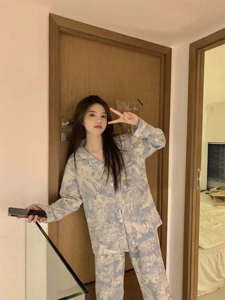 Blue Painting Ice Silk Pajamas