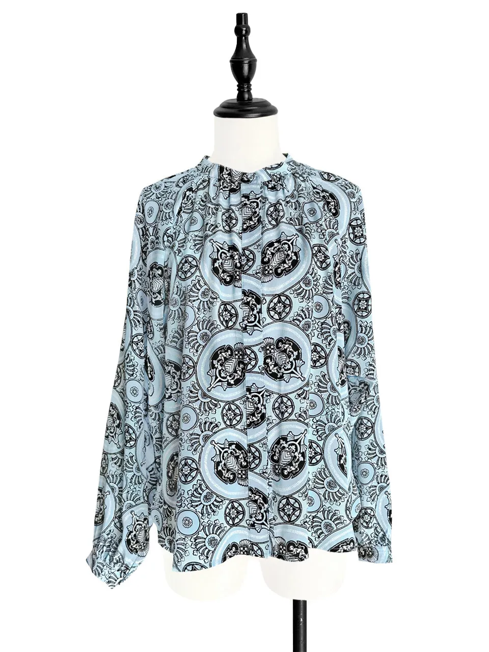 Blue Paisley Stand Collar Blouson Sleeve Silky Blouse