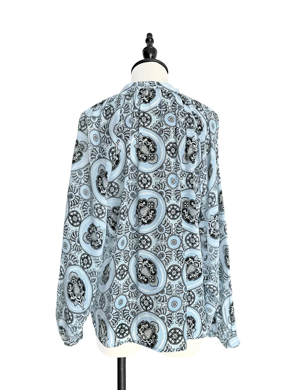 Blue Paisley Stand Collar Blouson Sleeve Silky Blouse