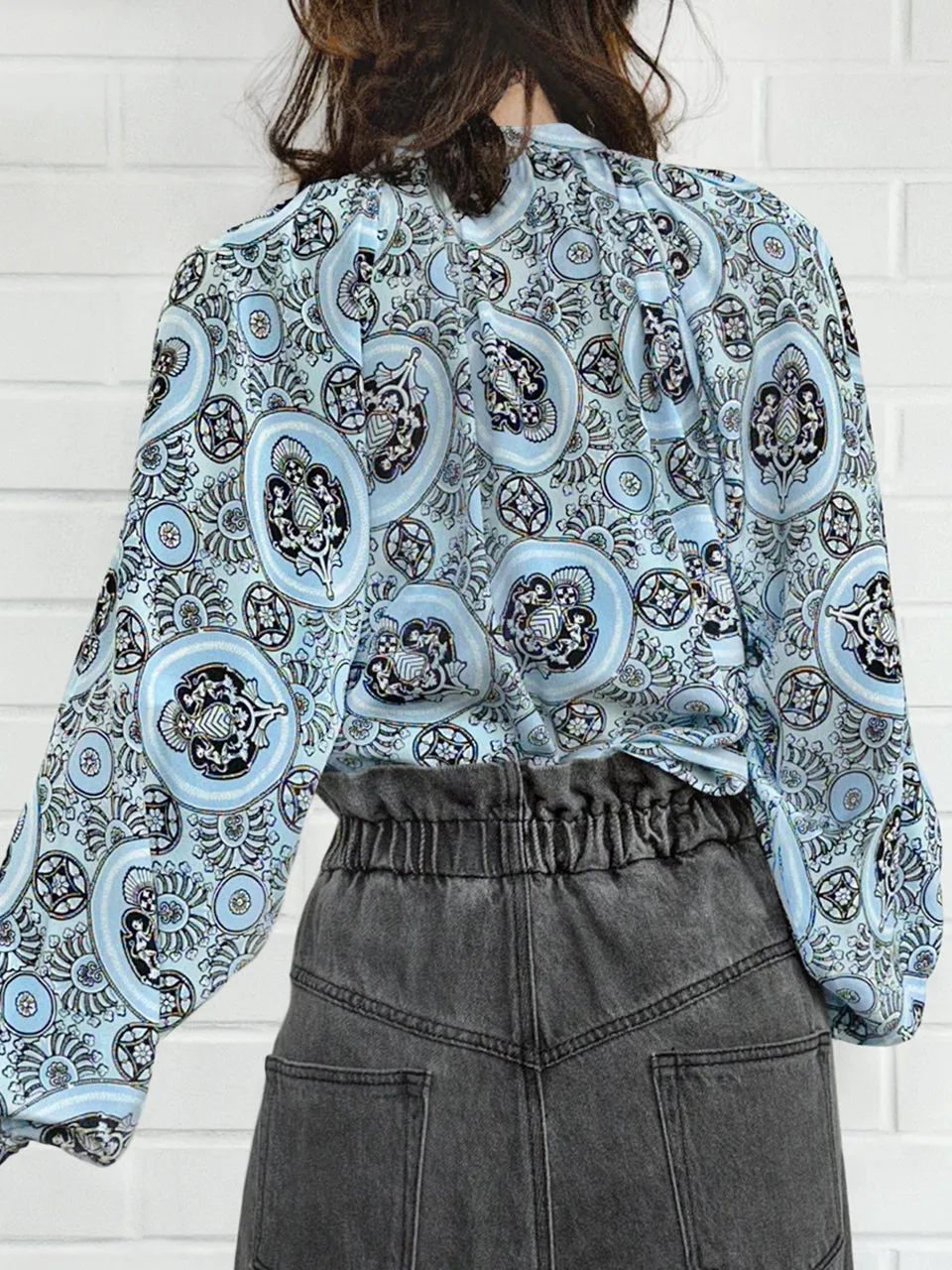 Blue Paisley Stand Collar Blouson Sleeve Silky Blouse