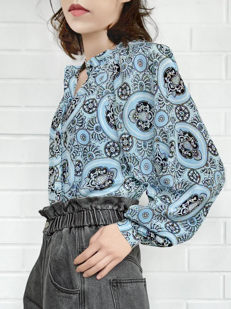 Blue Paisley Stand Collar Blouson Sleeve Silky Blouse