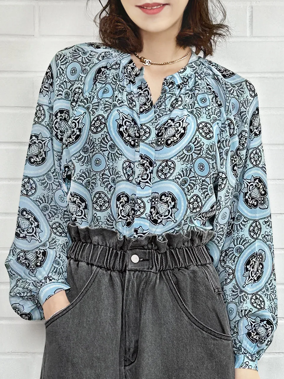 Blue Paisley Stand Collar Blouson Sleeve Silky Blouse