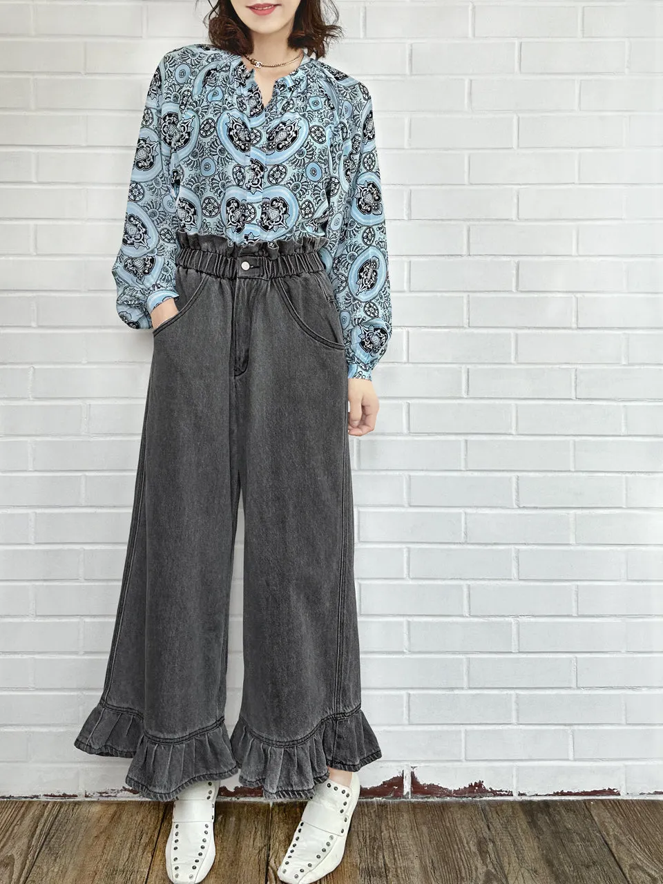 Blue Paisley Stand Collar Blouson Sleeve Silky Blouse