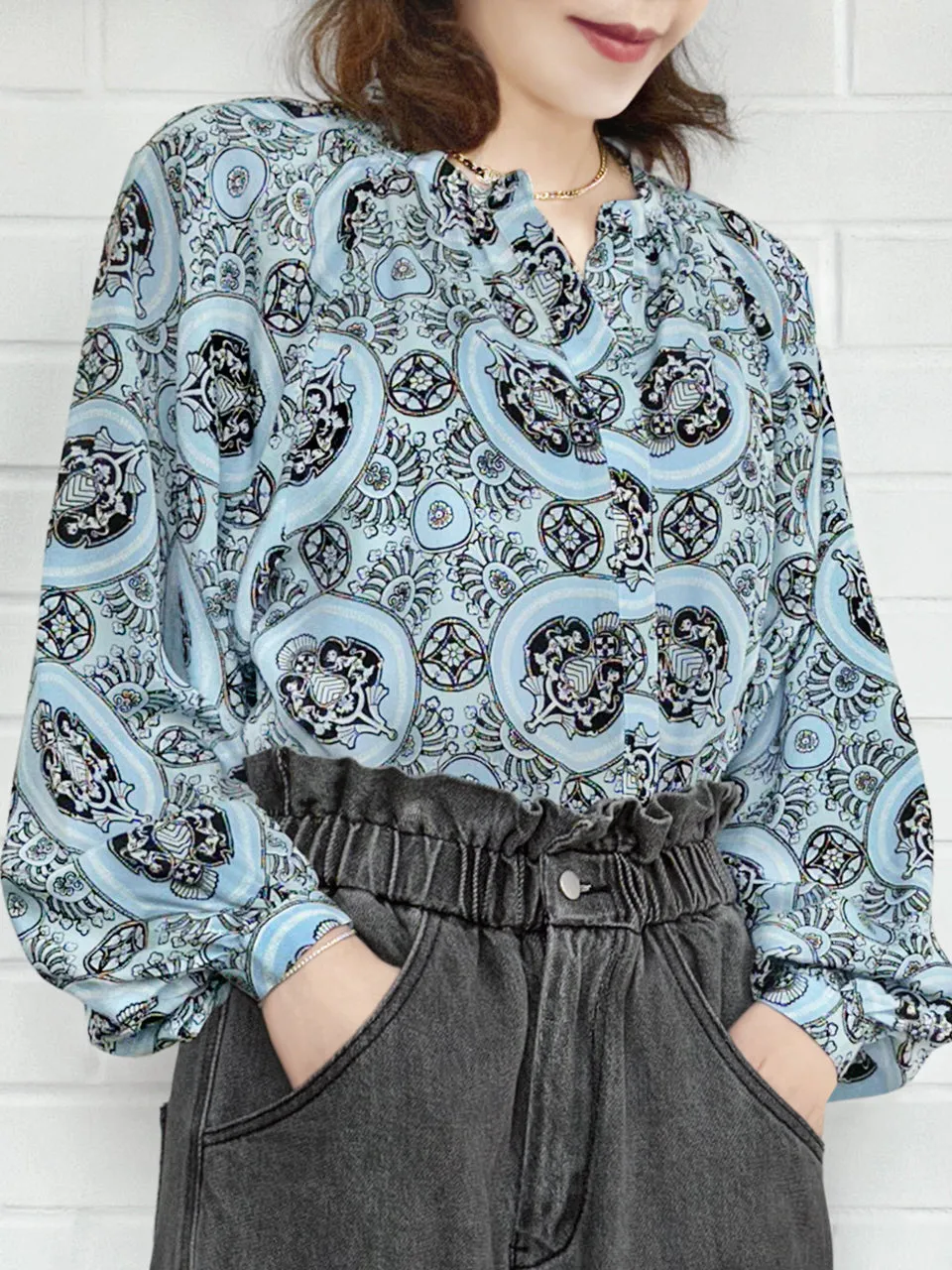 Blue Paisley Stand Collar Blouson Sleeve Silky Blouse