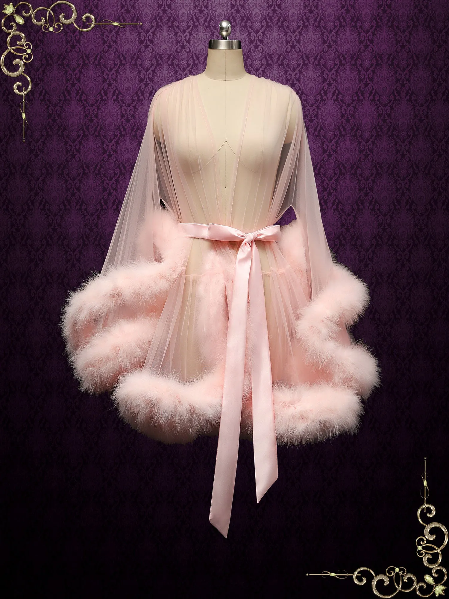 Blush Honeymoon Wedding Marabou Fur Edge Boudoir Robe CICI