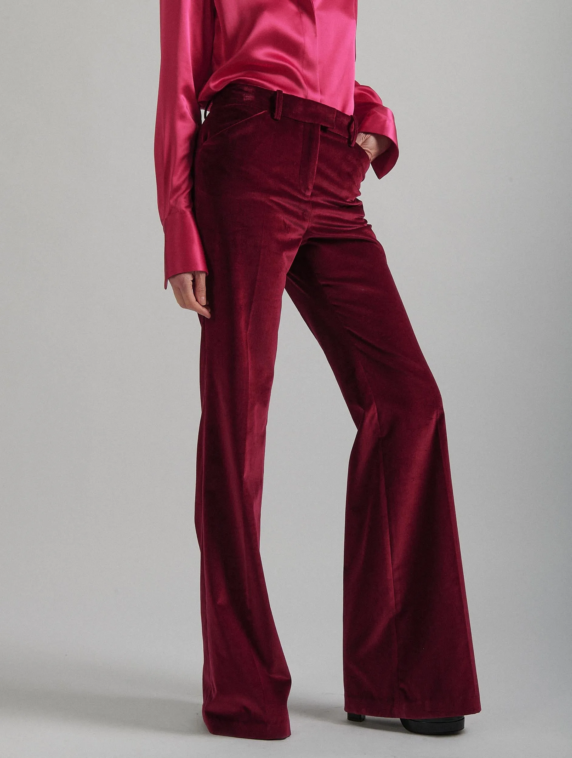 Bootleg suit trousers in pomegranate velvet