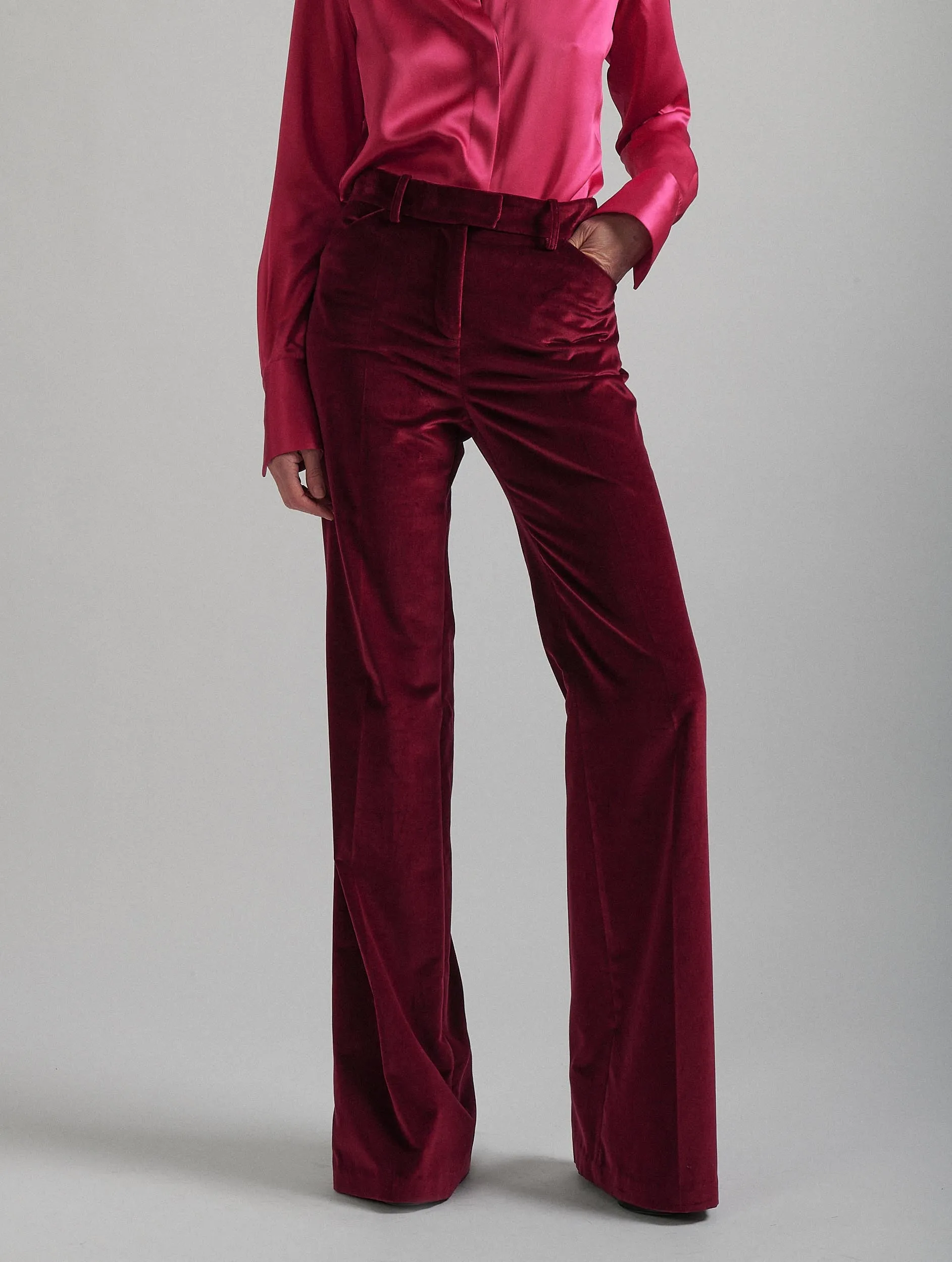 Bootleg suit trousers in pomegranate velvet