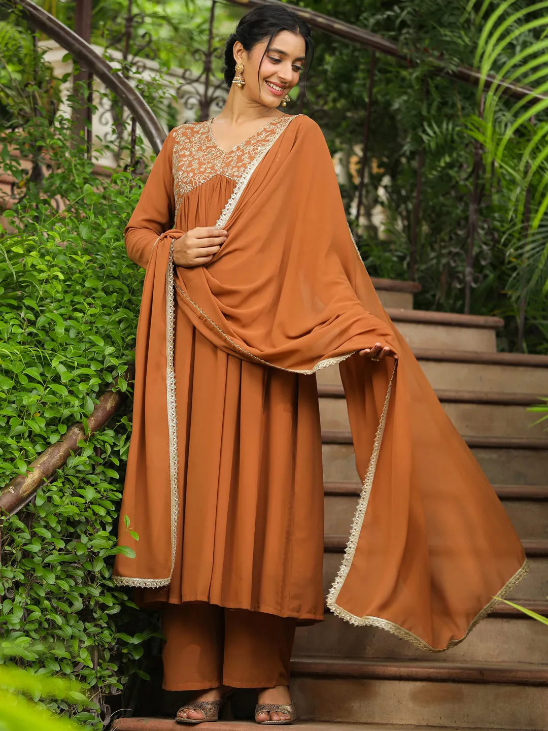 Brown Georgette Yoke Embroidered A-Line Kurta Set