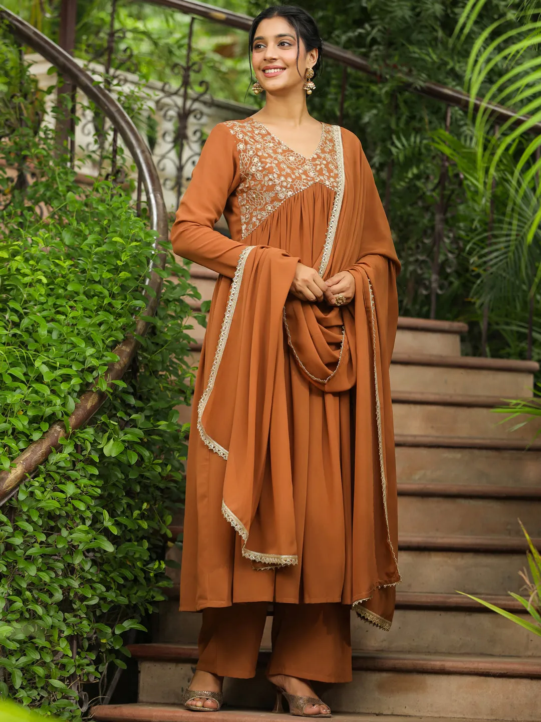 Brown Georgette Yoke Embroidered A-Line Kurta Set