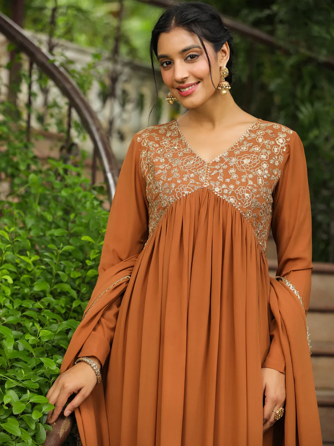 Brown Georgette Yoke Embroidered A-Line Kurta Set