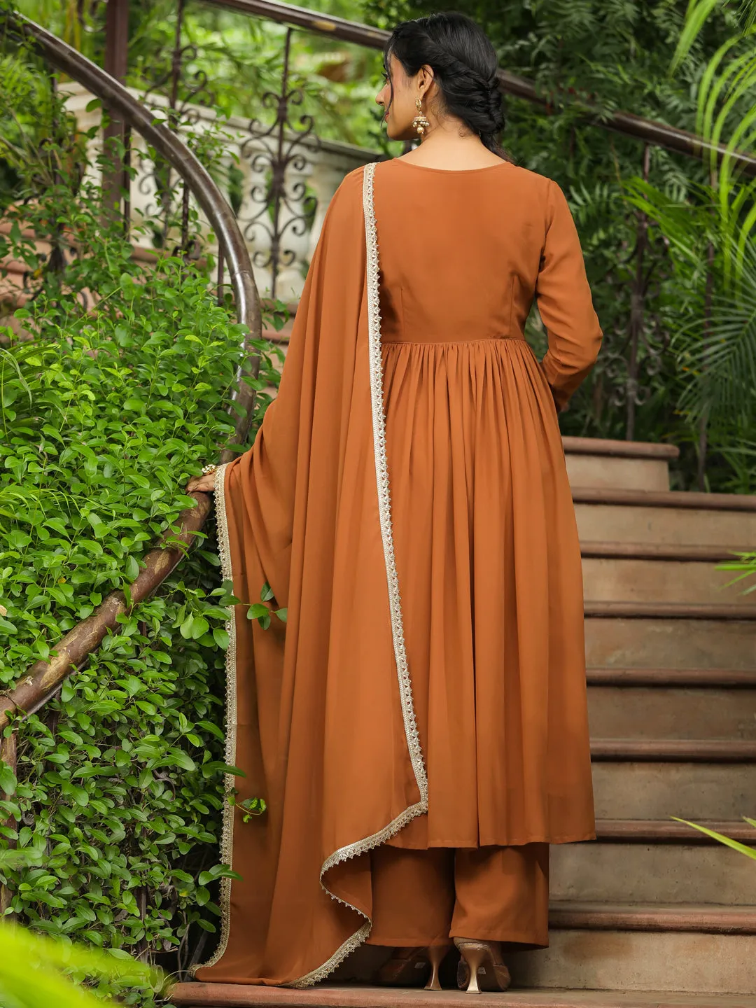 Brown Georgette Yoke Embroidered A-Line Kurta Set