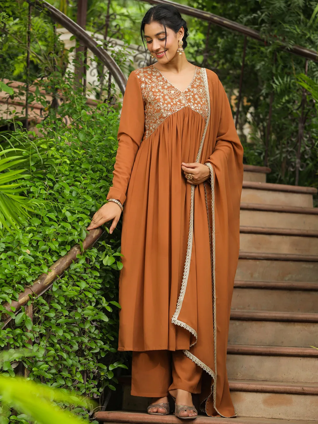 Brown Georgette Yoke Embroidered A-Line Kurta Set