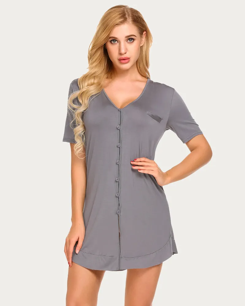 Button Down Short Sleeve V Neck Night Shirt