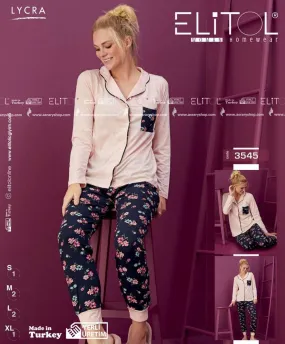 Buttoned Printed Long Cotton Pajamas 3545