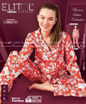 Buttoned Shirt Collar Long Satin Pajamas 3850-11