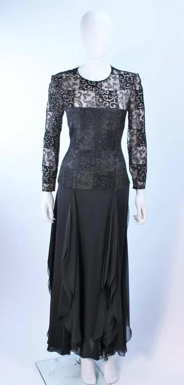 CAROLINA HERRERA Black Metallic Lace and Chiffon Gown Size 8-10