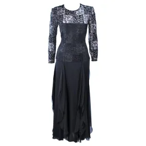 CAROLINA HERRERA Black Metallic Lace and Chiffon Gown Size 8-10