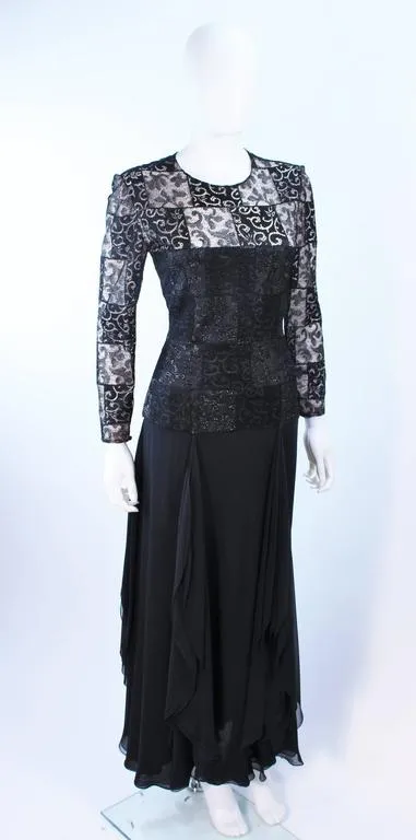 CAROLINA HERRERA Black Metallic Lace and Chiffon Gown Size 8-10