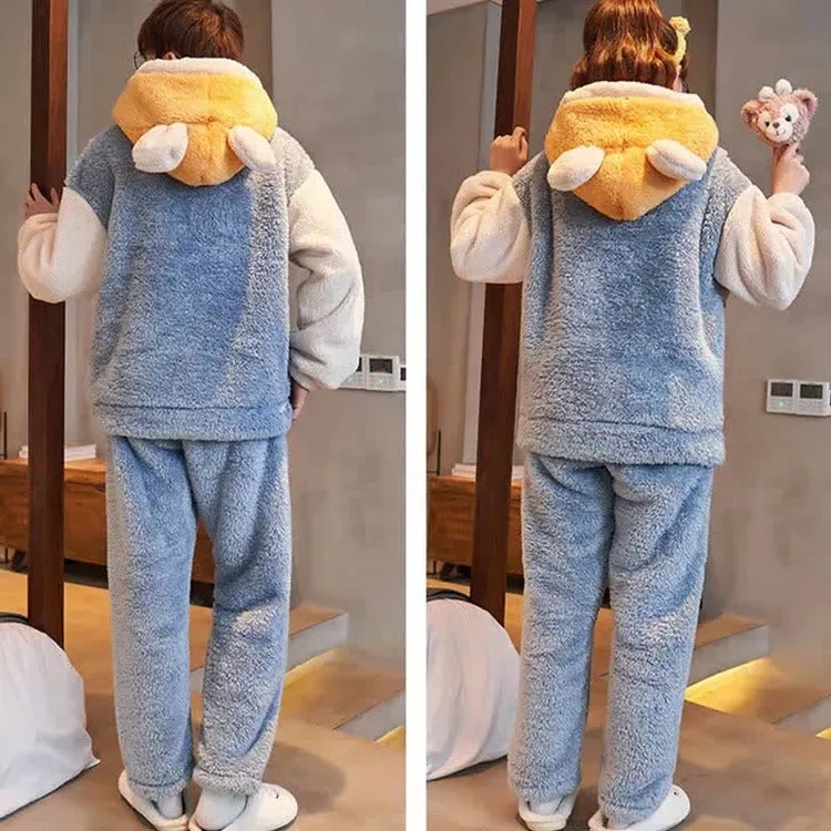 Cartoon Bear Letter Girlfriend Boyfriend Embroidery Plush Hooded Pajamas Set