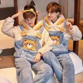 Cartoon Bear Letter Girlfriend Boyfriend Embroidery Plush Hooded Pajamas Set