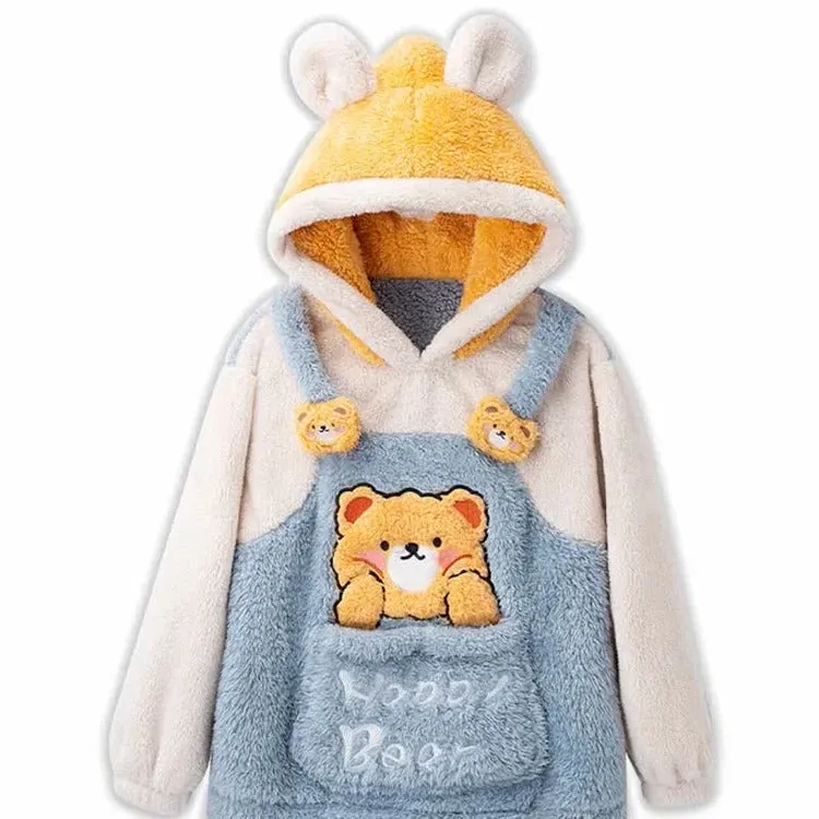 Cartoon Bear Letter Girlfriend Boyfriend Embroidery Plush Hooded Pajamas Set