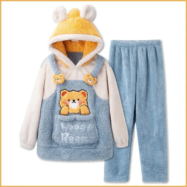 Cartoon Bear Letter Girlfriend Boyfriend Embroidery Plush Hooded Pajamas Set