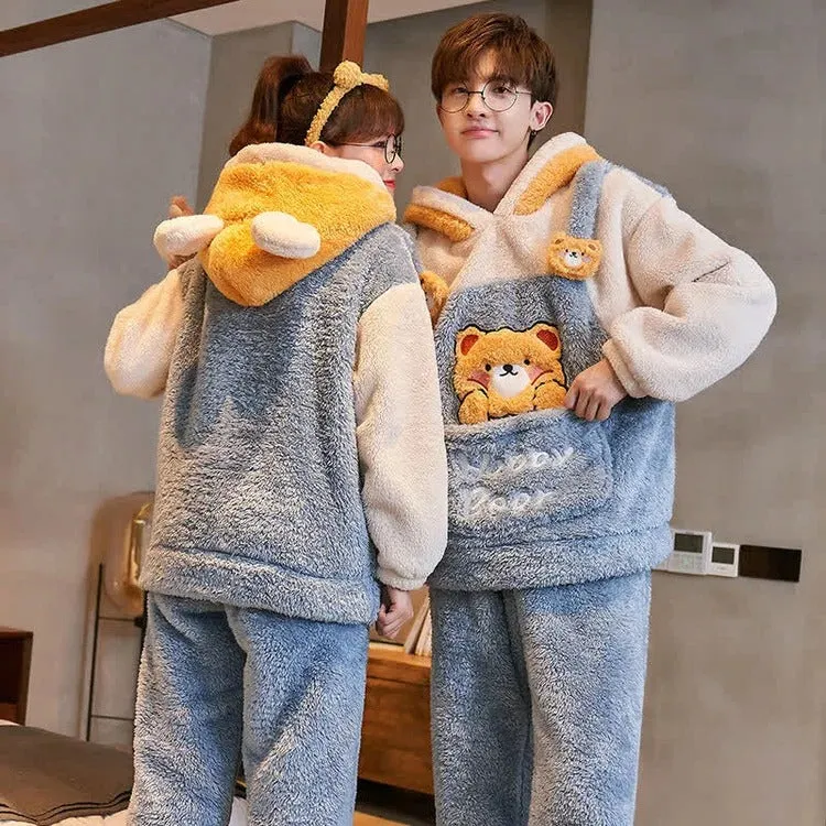 Cartoon Bear Letter Girlfriend Boyfriend Embroidery Plush Hooded Pajamas Set