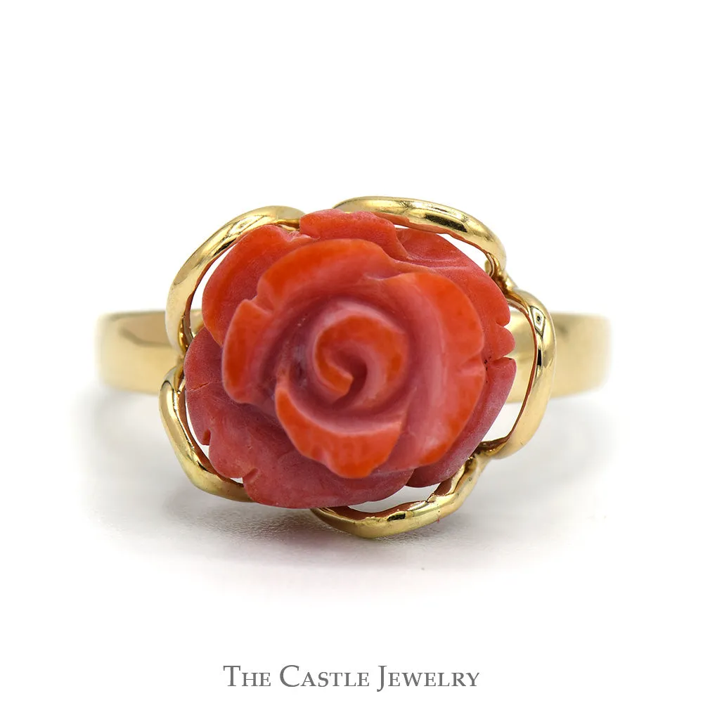 Carved Coral Rose Ring in 14k Yellow Gold