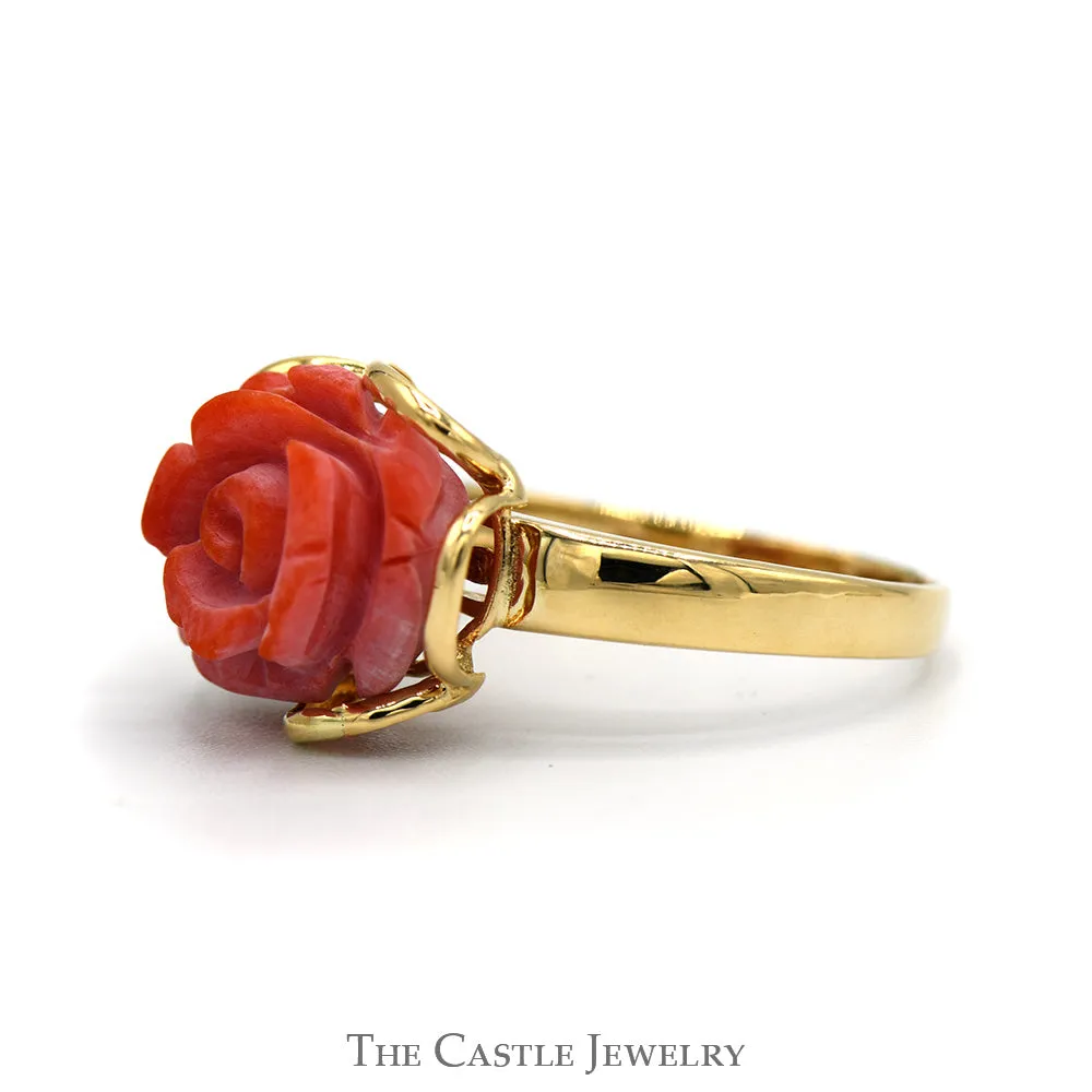 Carved Coral Rose Ring in 14k Yellow Gold