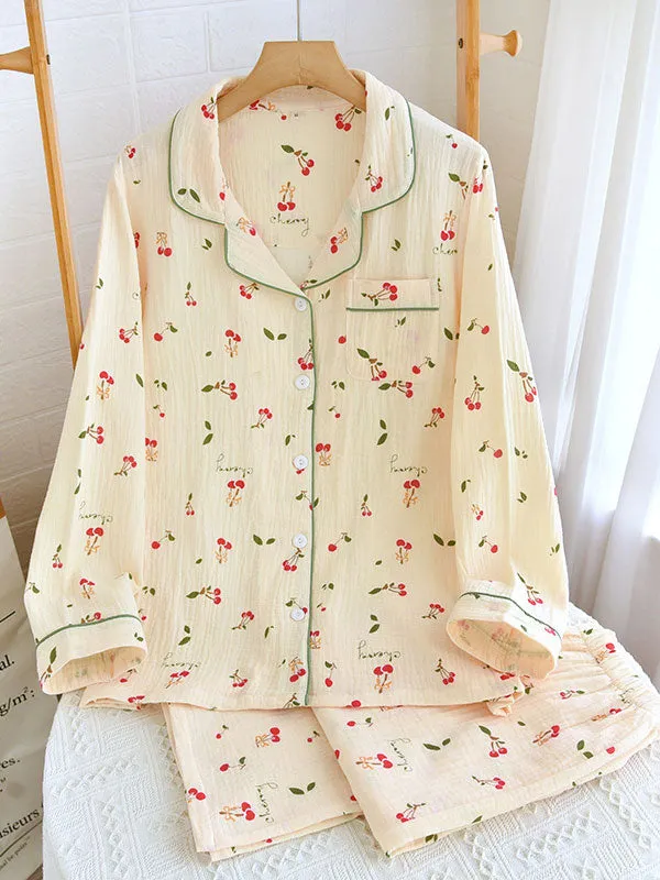 Cherry Print Long Sleeve Cotton Cotton Pajamas