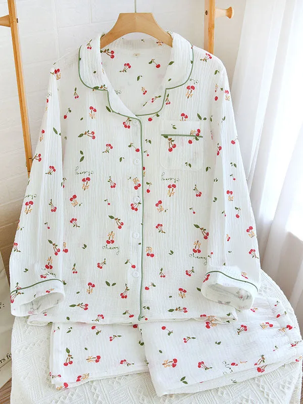 Cherry Print Long Sleeve Cotton Cotton Pajamas