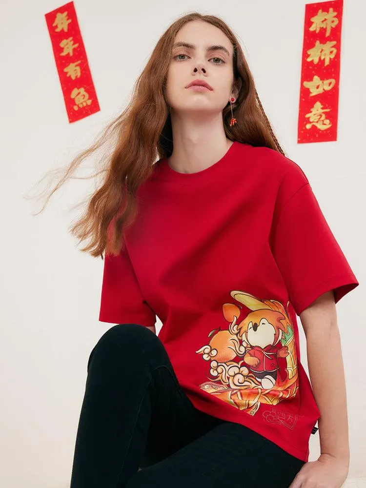 China Red Cartoon Print T-shirt