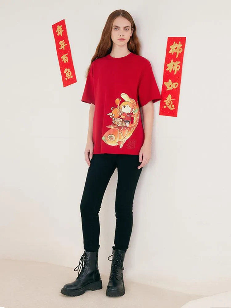 China Red Cartoon Print T-shirt