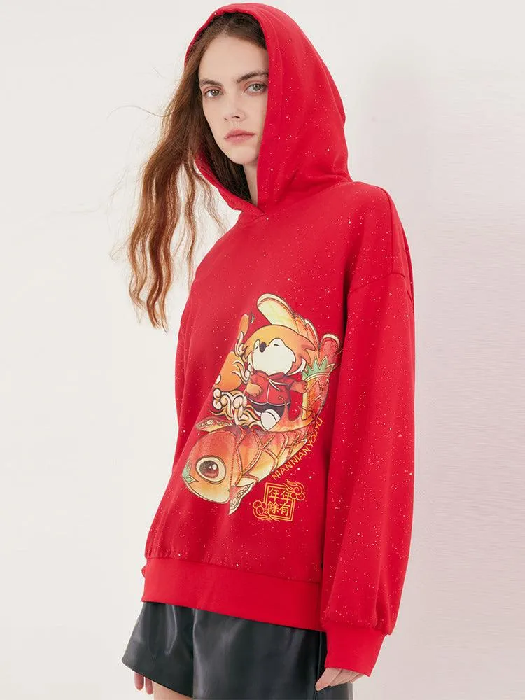 China Red Cartoon Printed Hoodie